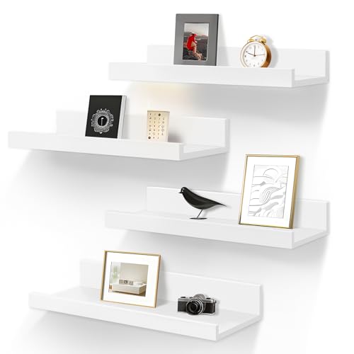 LaVie Home Floating Shelves for Wall Storage Set of 4, 16 Inch Picture Ledge Shelf, White Wall Shelves with Lip for Kitchen, Bedroom, Bathroom, and Living Room