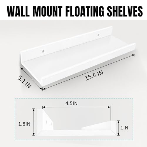 LaVie Home Floating Shelves for Wall Storage Set of 4, 16 Inch Picture Ledge Shelf, White Wall Shelves with Lip for Kitchen, Bedroom, Bathroom, and Living Room