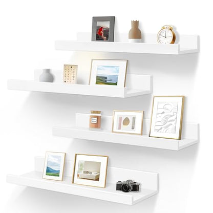 LaVie Home Floating Shelves for Wall Storage Set of 4, 16 Inch Picture Ledge Shelf, White Wall Shelves with Lip for Kitchen, Bedroom, Bathroom, and Living Room