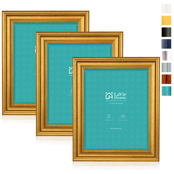LaVie Home 8x10 Picture Frames (3 Pack, Gold) Photo Frame Set with High Definition Glass for Wall Mount & Table Top Display, Set of 3 Elite Collection