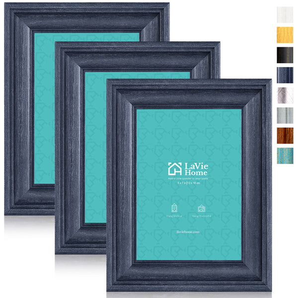 LaVie Home 5x7 Picture Frames (3 Pack, Blue Wood Grain) Rustic Photo Frame Set with High Definition Glass for Wall Mount & Table Top Display, Set of 3 Elite Collection